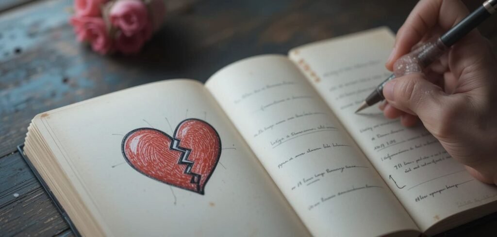 Diario de sueños para interpretar el significado de soñar con tu ex. Imagen de diario y corazón roto simbolizando la herramienta para la auto-reflexión y la sanación emocional a través del análisis de los sueños con ex-parejas.