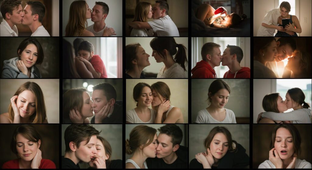Ejemplos visuales de escenarios comunes en sueños con la persona que te gusta: ser correspondido, conexión profunda, beso, rechazo, con otra persona. Interpretaciones del significado de soñar con tu crush según el contexto del sueño.