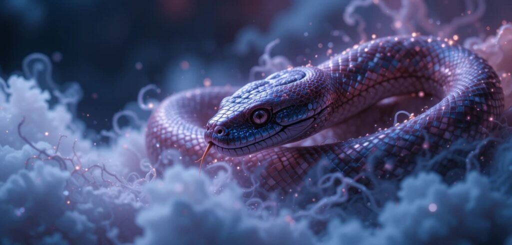 Interpretación de sueños con serpientes. Ilustración simbólica de una serpiente en el mundo de los sueños representando transformación y misterio.