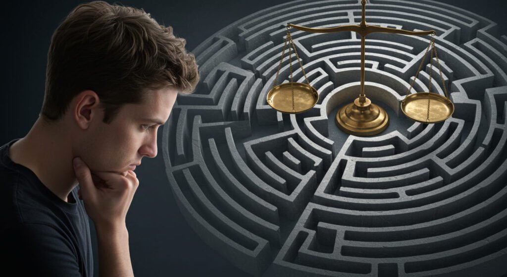 Reflexión y toma de decisiones al interpretar sueños con la persona que te gusta. Imagen de camino bifurcado simbolizando la necesidad de introspección y acción consciente para entender el significado onírico de estos sueños románticos.