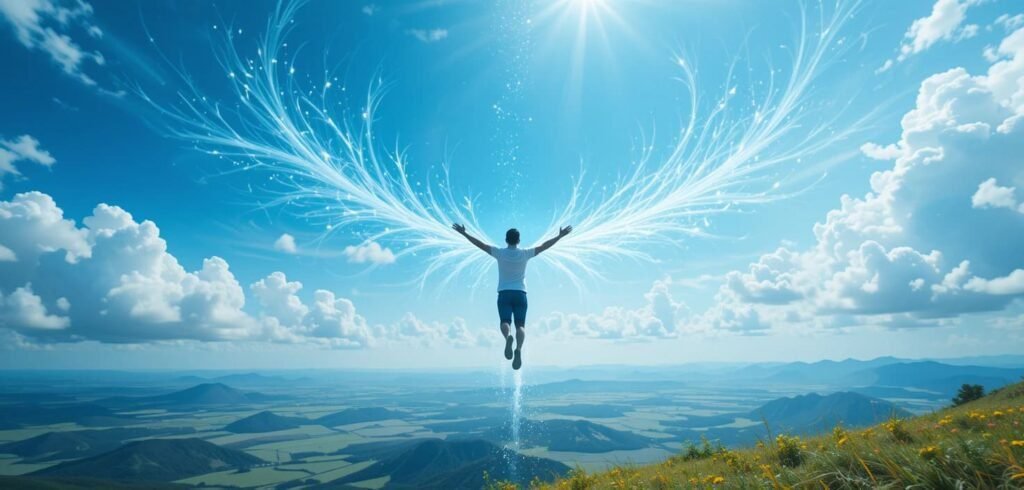 Significado de soñar con volar. Persona volando sobre un paisaje simbolizando libertad, aspiraciones y el significado onírico del vuelo.
Soñar con Volar: Un Símbolo de Libertad y Asp