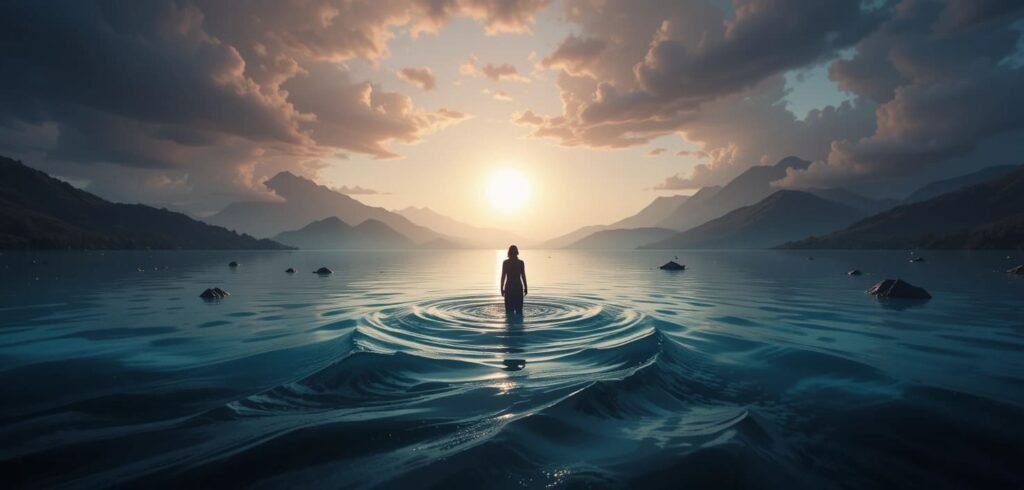 Significado de soñar con agua. Paisaje acuático onírico representando la profundidad emocional y el simbolismo del agua en los sueños.